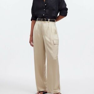 Madewell High Rise Straight Pleated Cargo Satin Trousers Light Sand Size 6